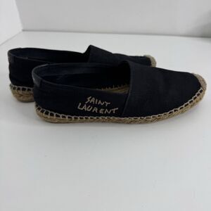 Saint Laurent Women Black Canvas Espadrilles Spell Out Stitched Slip On Sz 36.5